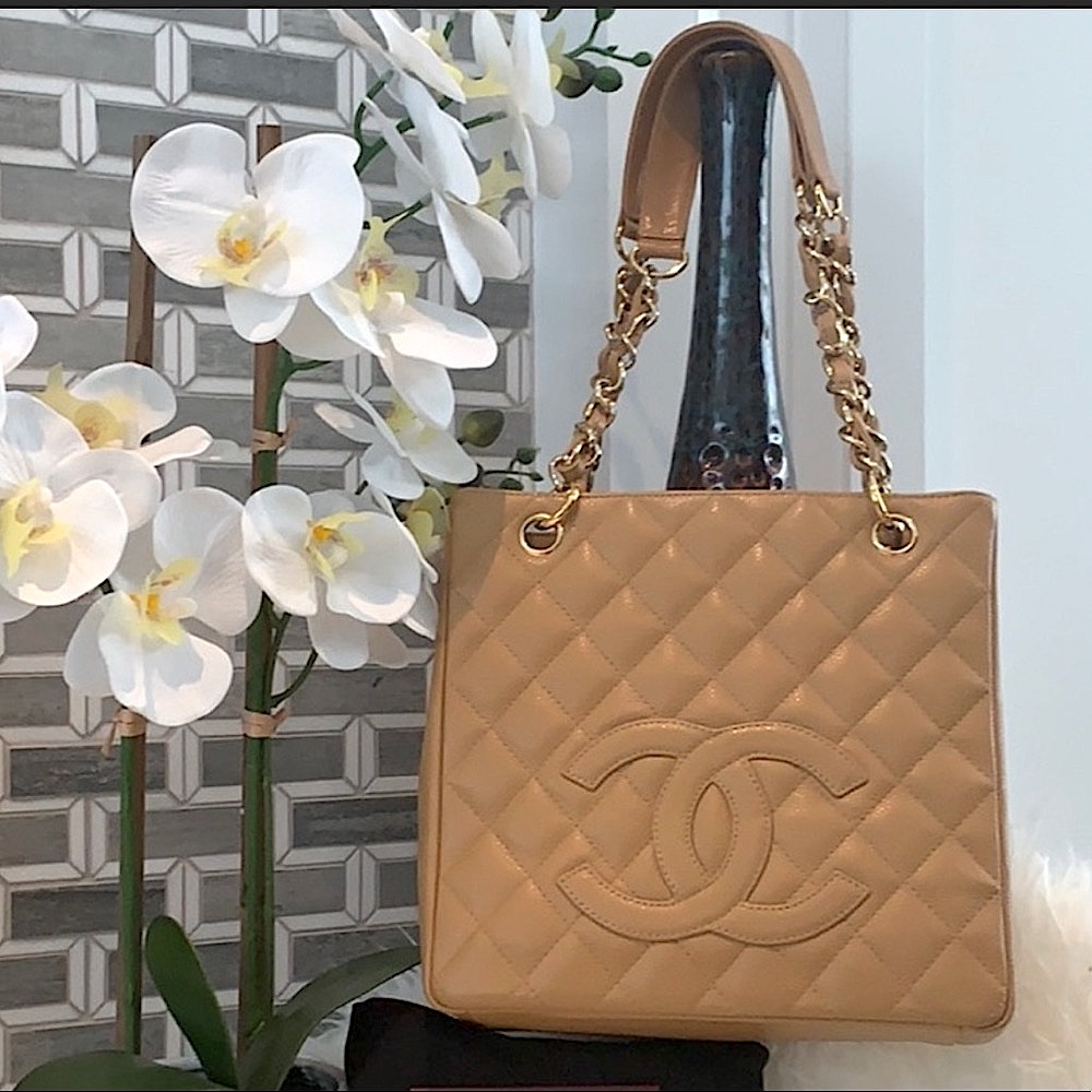 CHANEL Caviar Quilted Petit Shopping Tote PST Beige AUTHENTIC